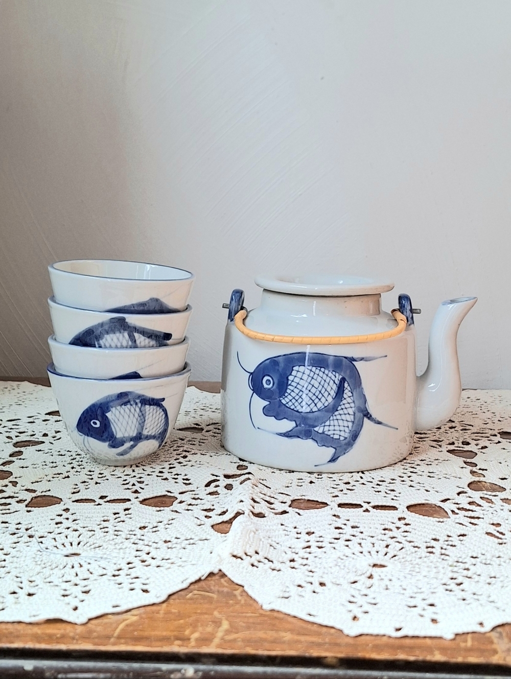 Vintage Chinese Hand-Painted Porcelain Blue Koi Fish Tea Kettle & Cup Set